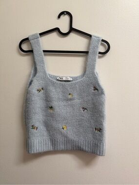 Zara Women's Floral Embroidered Sweater Tank Knit Top in Light Blue